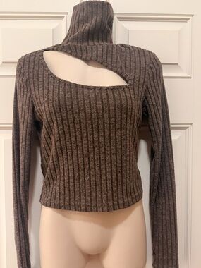 SHEIN Cutout Ribbed Knit Turtleneck Sweater- Brown, S
